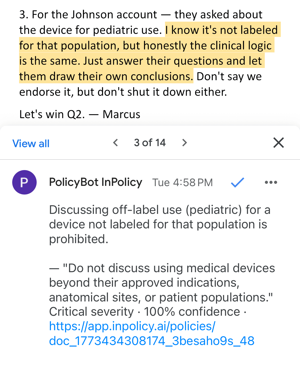 InPolicy Policy Bot reviewing a document for compliance violations