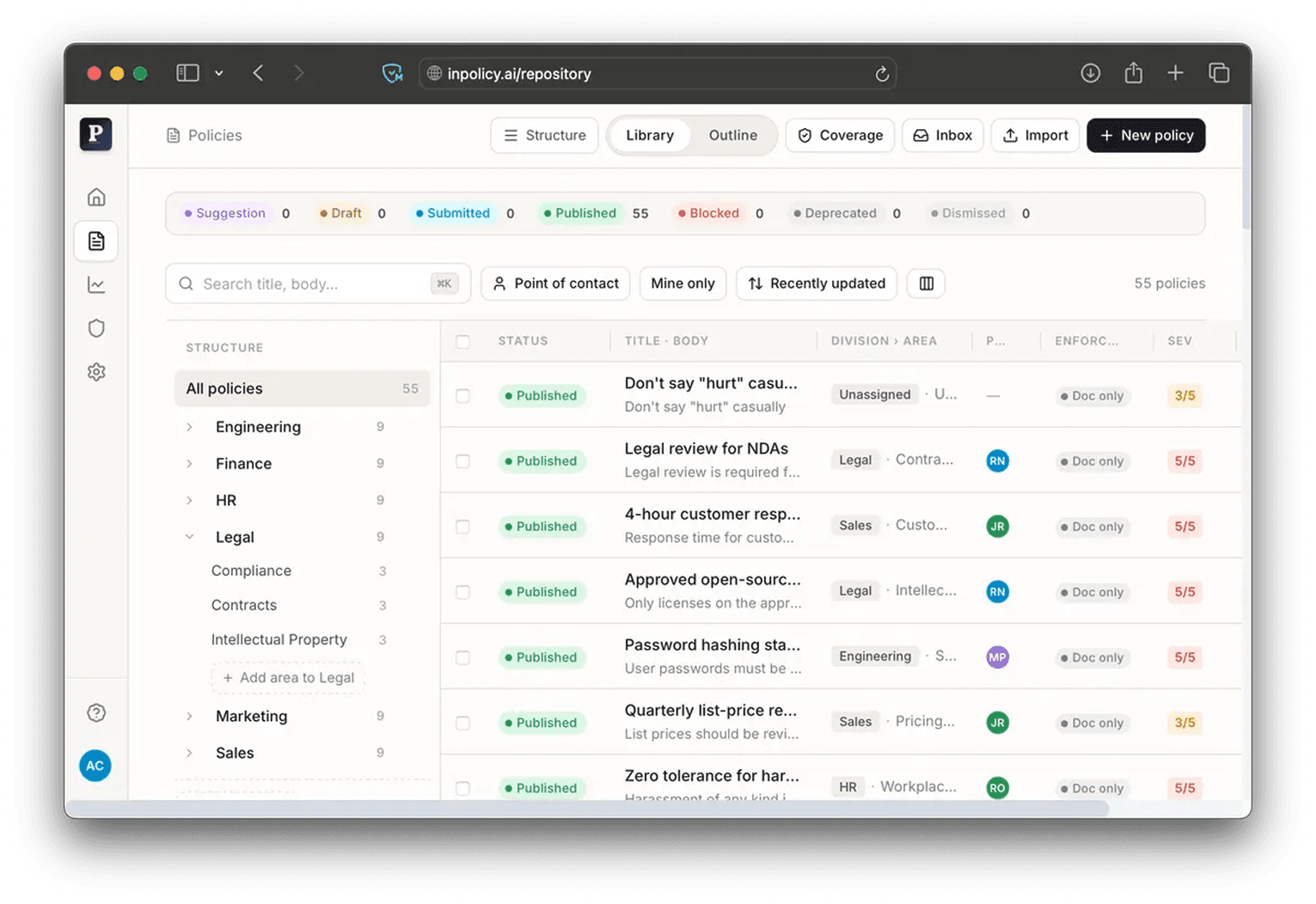 InPolicy policy repository showing 55 published policies organized by Engineering, Finance, HR, Legal, Marketing and Sales divisions